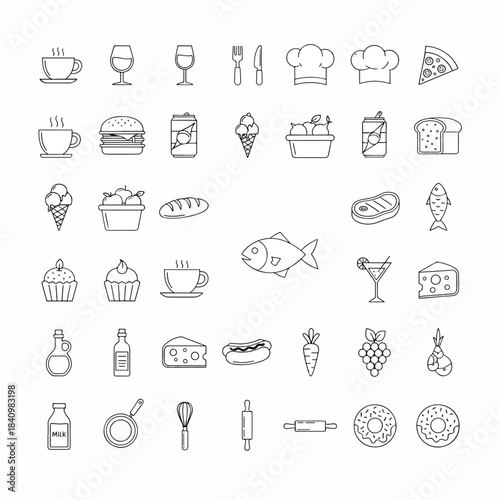 Grid of minimalist black line food and kitchen icons cups, wineglasses, utensils, bread, fish cakes