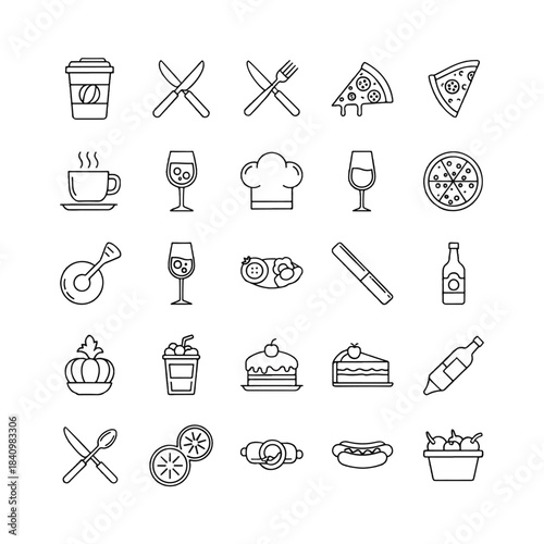 Grid of minimalist black outline icons showing assorted food and drink items and utensils arranged!!