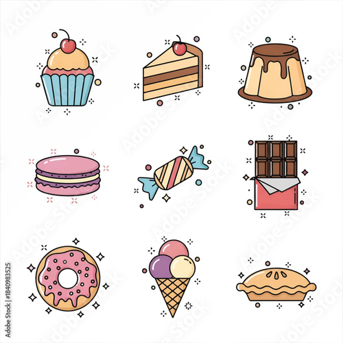 Grid of nine dessert icons cupcake, slice, flan, macaron, candy, chocolate, donut, ice cream, pie!!