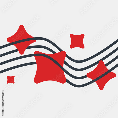 Red Stars sticked on Black String, Abstract Flat Style Illustration, Light Grey Backdrop