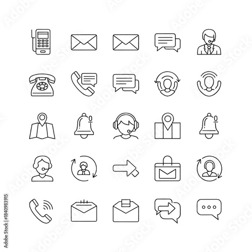 Grid of thin contact icons phones, envelopes, maps, notifications, headsets, chats, users flatstyle