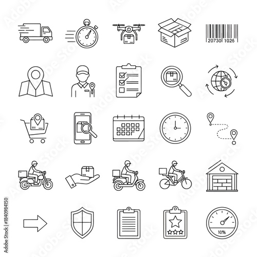 Grid of thin-line delivery and logistics icons including vehicles, tracking, packaging and timing