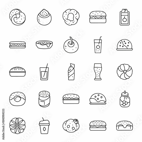Grid of twenty five minimal black outline snack and beverage icons evenly spaced on white background