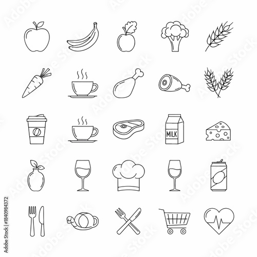 Grid of thirty-six food and drink icons fruits, vegetables, dairy, meat, beverages, utensils. plus