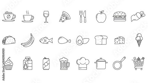 Minimalist black line food icons arranged in neat rows, depicting beverages, fruits, meals, utensils
