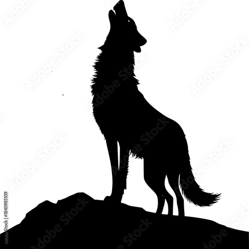 Wolf's Echo: A striking silhouette of a wolf, perched atop a rugged peak, emits a resonant howl, symbolizing primal power and untamed freedom.