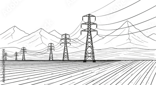 Black and white vector illustration of high-voltage transmission towers over farmland, mountain backdrop, power lines receding into distance, rural energy infrastructure