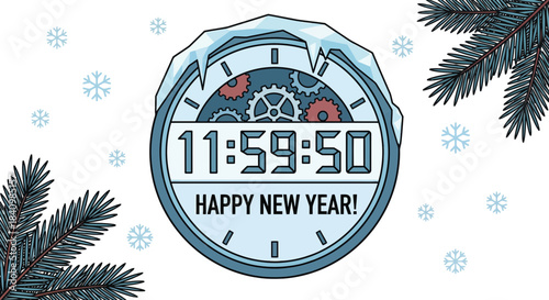Flat Vector Snow-Covered Countdown Clock with Bold Outline — New Year Winter Theme