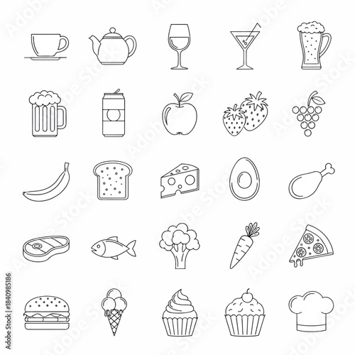 Minimalist grid of 25 hand-drawn outline food and drink icons arranged in five neat rows simple set