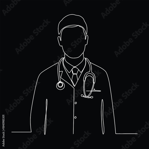 White line drawing of a doctor wearing a stethoscope and lab coat on black medical physician