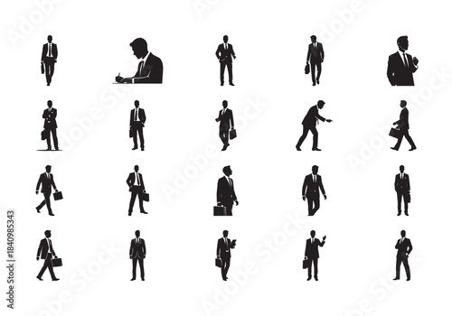 Businessman Silhouette Icons – Professional Male Executive Walking, Working & Business Poses Vector Set
