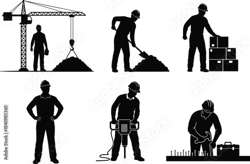 Construction worker silhouettes, labor tasks, industrial site, manual work, crane lifting, jackhammer operation, toolbox, teamwork, dirt shoveling, hammering, supervision, safety gear