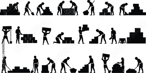 Construction workers silhouette set, manual labor poses, bricklaying, lifting, carrying, stacking, shoveling, teamwork, industrial effort, black vector icons, isolated