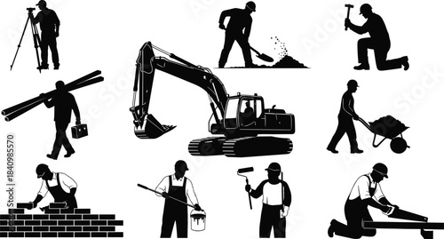 Construction workers silhouettes, surveyor, excavator, bricklayer, painter, carpenter, wheelbarrow, shovel, hammering, teamwork, labor, industrial site, vector illustration, black icons