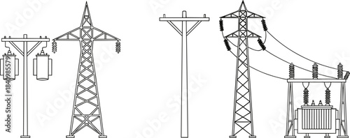 Electrical power transmission and distribution vector illustration, utility poles and transformers, transmission towers and insulators, high voltage power lines, infrastructure diagram