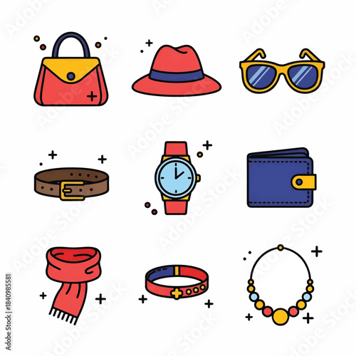 Nine colorful style icons on white purse, hat, shades, belt, watch, wallet scarf, bangle, necklace