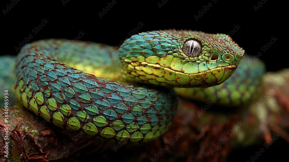 Fototapeta premium Green python reptile on a wild tree branch, a dangerous serpent with beautiful scales and a bright eye in nature