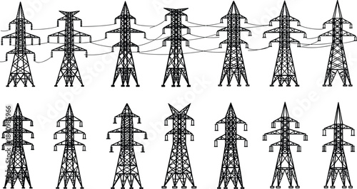 Set of electrical transmission tower vector silhouettes, diverse high-voltage pylon designs, power line infrastructure icons, technical engineering illustrations for energy projects