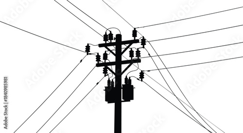 Silhouette of electrical utility pole with transformers and insulators, multiple overhead power lines crossing sky, industrial infrastructure, energy distribution network illustration
