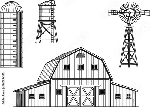 Traditional farm buildings vector illustration, barn with gabled roof, cylindrical silo, conical water tower, lattice windmill, rural agriculture architecture, monochrome, black and white