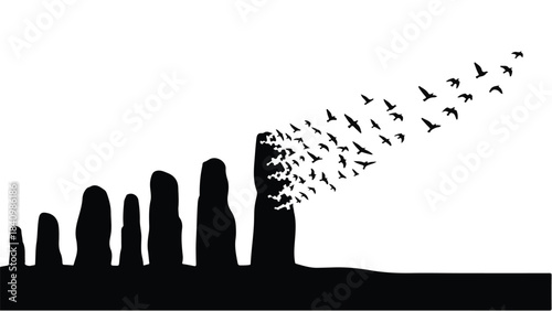 Flock of birds dissolving from a monolithic structure, symbolizing change and freedom.