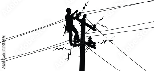 Utility worker silhouette, electrical pole maintenance, power line safety, dangerous job, helmet and tools, electricity hazard, lineman illustration, high voltage repair scene