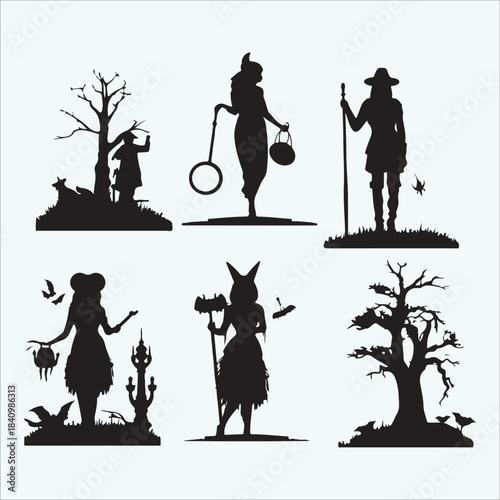 Halloween spooky witches silhouettes, spooky trees, dark fantasy women, ghost and bats silhouettes. Witch and warlock figures, sorceress with magic items, scary bare tree, flying bats illustration