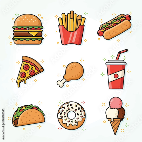 Wallpaper Mural Playful cartoon 3x3 grid of colorful fast-food icons including burger fries pizza taco ice cream yum Torontodigital.ca