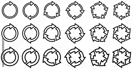 様々な形の回転矢印のベクターイラスト、アイコンのセット