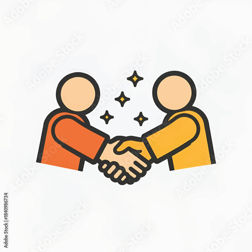 Two stylized figures clasp hands in a friendly handshake, golden sparkles hover above them together