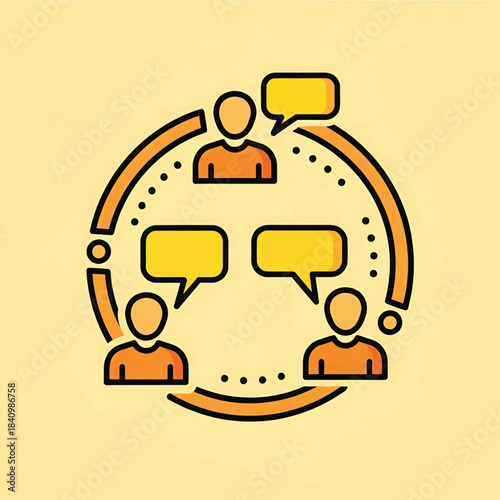 Wallpaper Mural Three stylized figures in a circular network exchanging yellow speech bubbles on warm beige backdrop Torontodigital.ca