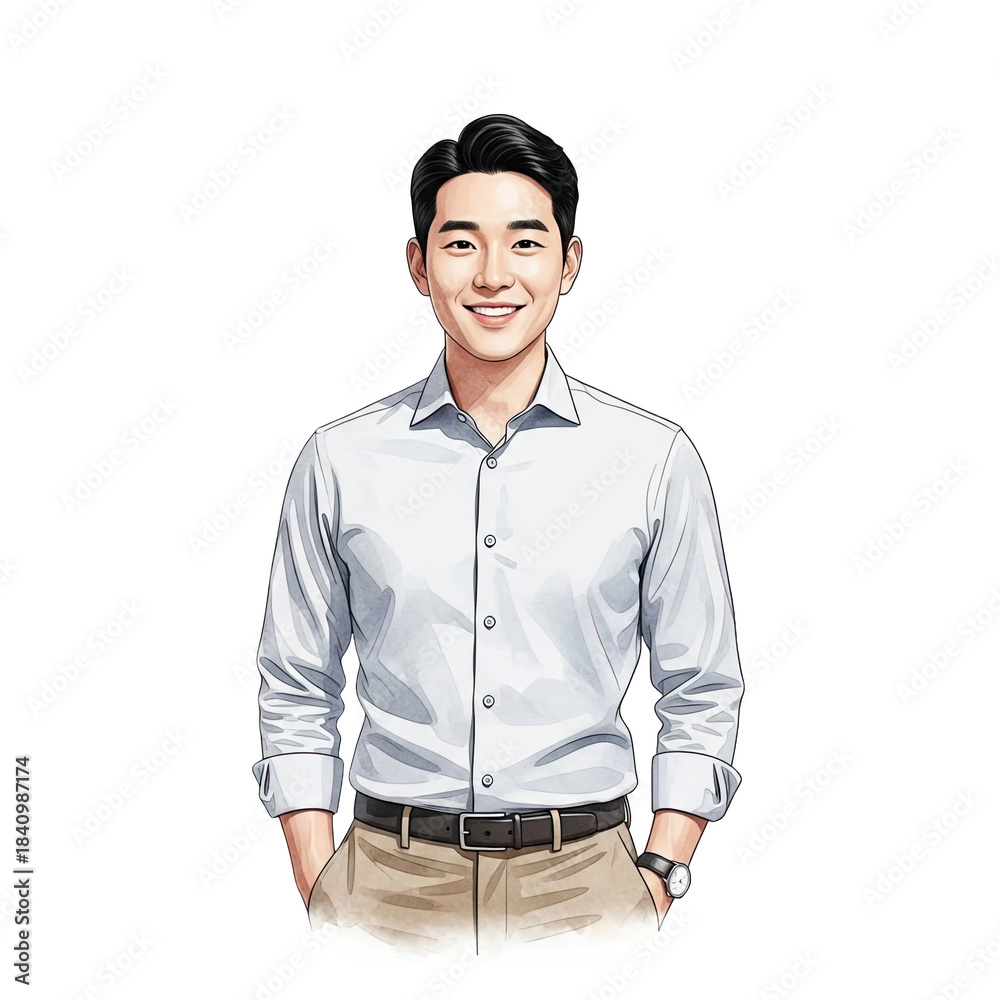 Fototapeta premium Smiling asian man in casual shirt and pants isolated on transparent background