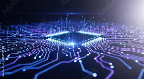Illuminated circuit board with central processor and glowing connections