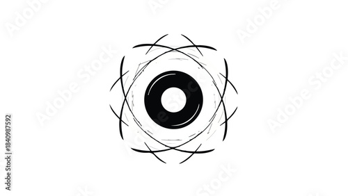 Abstract circular design with radiating lines and a central dark circle, representing science or knowledge.
