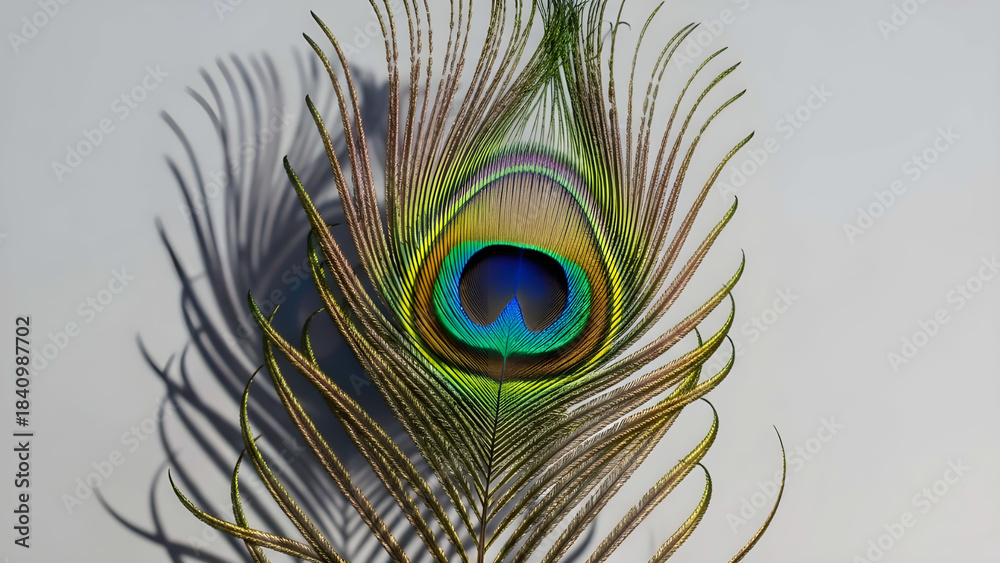 Fototapeta premium peacock feather close up, Vibrant Peacock Feather Close-Up With Iridescent Eye Pattern And Delicate Barbs, Nature Photography Artwork