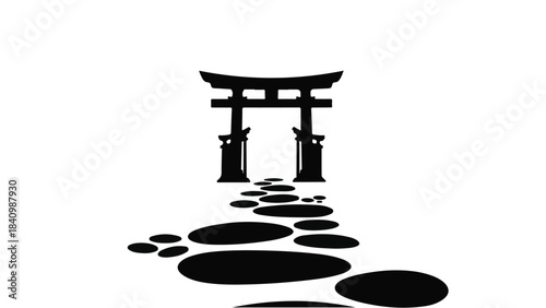 Silhouette of a traditional Japanese torii gate with a path of stepping stones leading towards it.