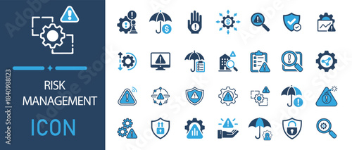 Collection of risk management icons in various shades of blue on white background