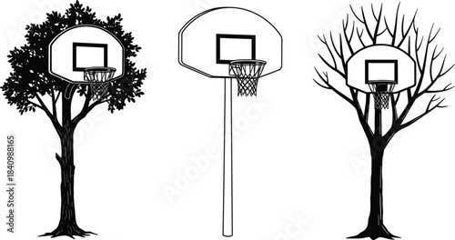 Basketball hoops mounted on trees and pole, rustic outdoor court imagery, nature meets sport, creative environmental integration, urban rural contrast, playfulness