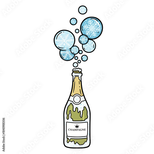 Frosted Champagne Bottle Vector with Snowflake Bubbles on White Background