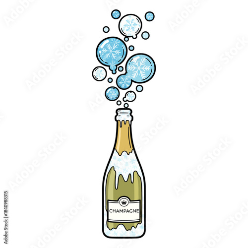 Frosted Champagne Bottle Vector with Snowflake Bubbles on White Background