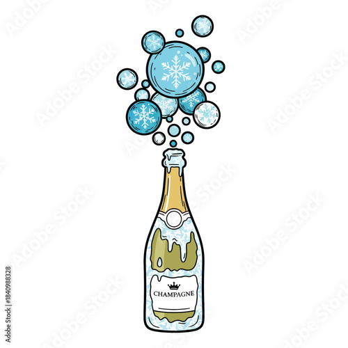 Frosted Champagne Bottle Vector with Snowflake Bubbles on White Background