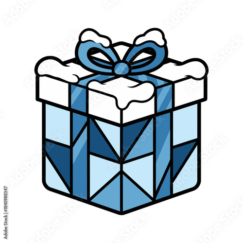 Winter Gift Box Vector with Snow-Covered Lid and Geometric Ribbon