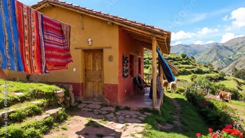 Traditional wooden Asian house architecture with a distinct roof, stone building exterior in an old European village, and houses set against a sky and mountain backdrop