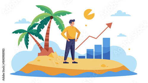 Business professional analyzing financial growth on a desert island with rising charts and golden coins under sunny sky