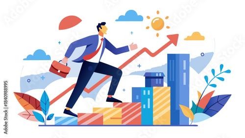 Businessman climbing financial growth chart with success and investment icons in bright flat design