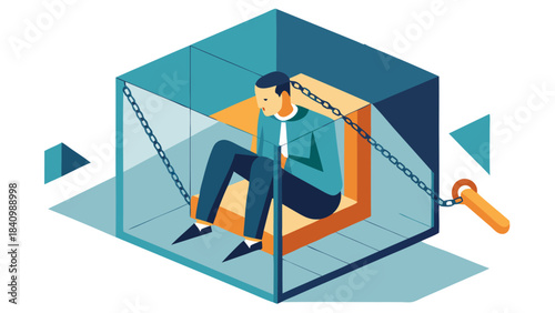 Business professional trapped in digital data cube with glowing connections and chains, 3D illustration