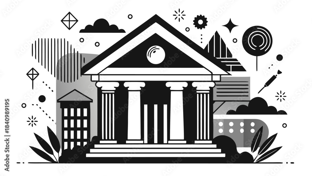 Fototapeta premium black and white illustration of a bank building with columns and geometric shapes
