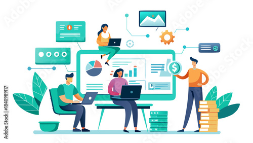 Diverse team collaborating on digital marketing strategy in modern office with data analytics and cloud technology