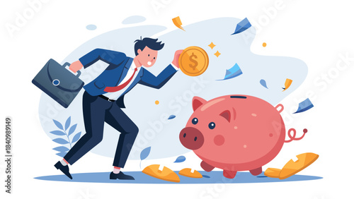 Businessman feeding piggy bank with gold coin savings concept flat illustration on light background