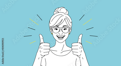 A happy young woman with glasses and her hair in a bun gives two enthusiastic thumbs up in a stylish black and white line art illustration.
